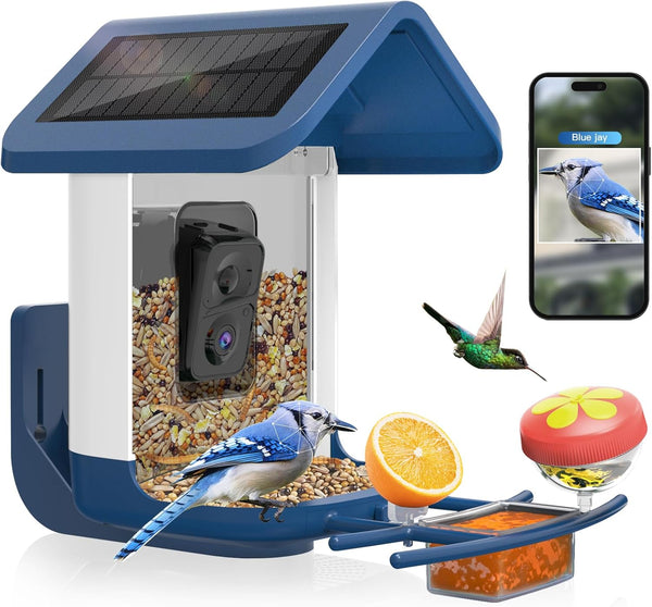 Bird Feeder with Camera - 1080P HD Smart Bird Feeder with Camera for Bird Watching, Solar Powered, Birds AI Recognition, Fashionable White & Blue