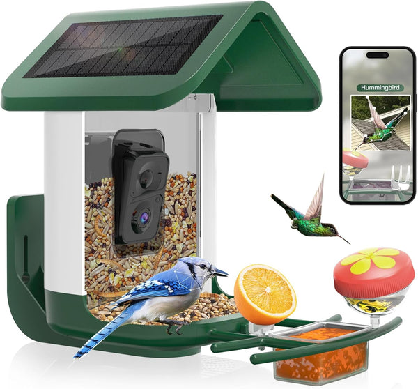 Bird Feeder with Camera - 1080P HD Smart Bird Feeder with Camera for Bird Watching, Solar Powered, Birds AI Recognition, Fashionable White Green