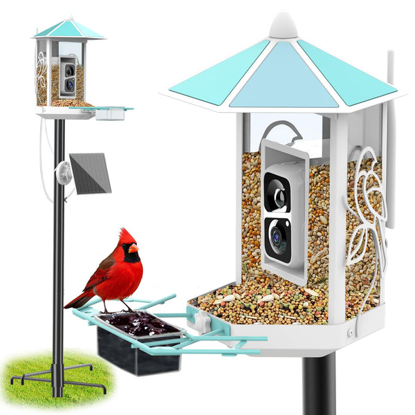 Blue Metal Bird Feeder Camera with 74.5 Inch Bird Feeder Pole